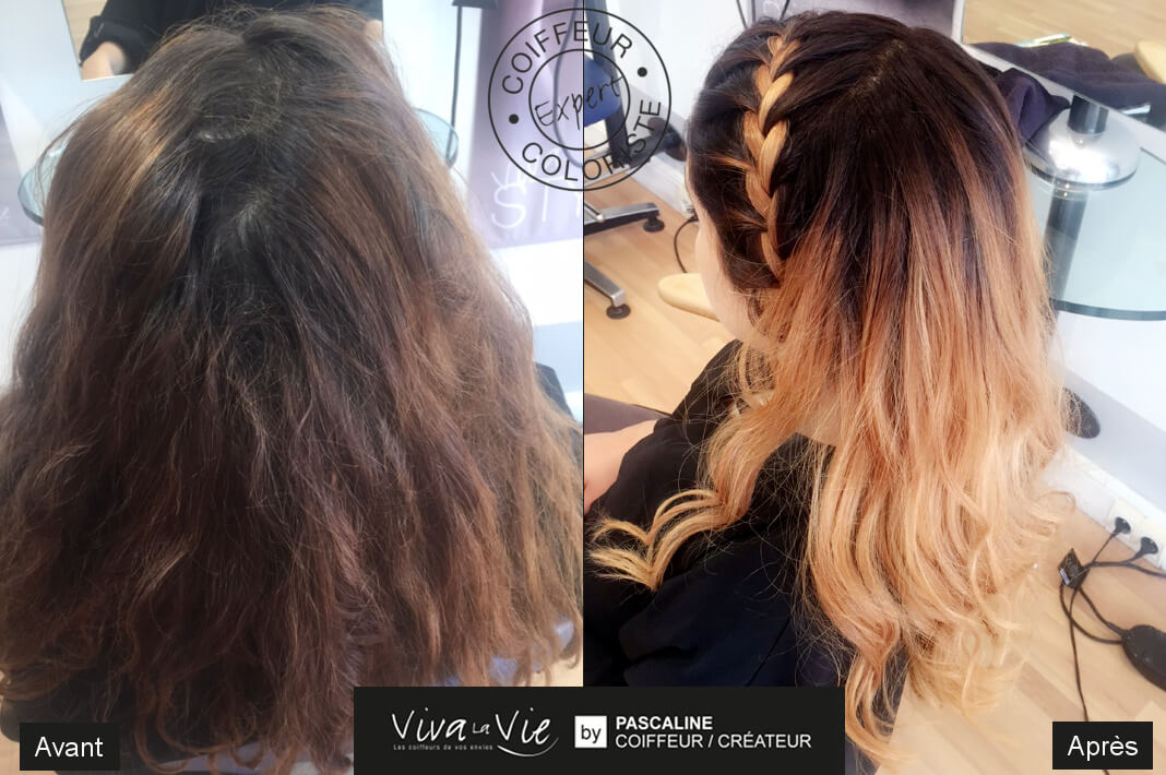 Coiffure et coupe de transformation avant/apres coloration cheveux tendance meches contrastes