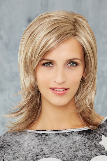 Perruque cheveux longs raides blonds fibres portrait